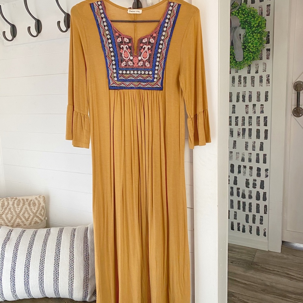 Flamingo Urban Tribal Mustard MIDI Dress SZ Small